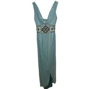 NWT Mandalay N Turquoise Silk Beaded Embellished Maxi Evening Gown Dress Size 8